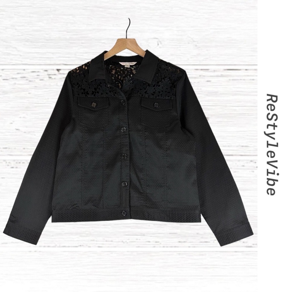 ERIN LONDON Women’s Size M Jacket Coat Trucker Lace Black Stretch Button Front